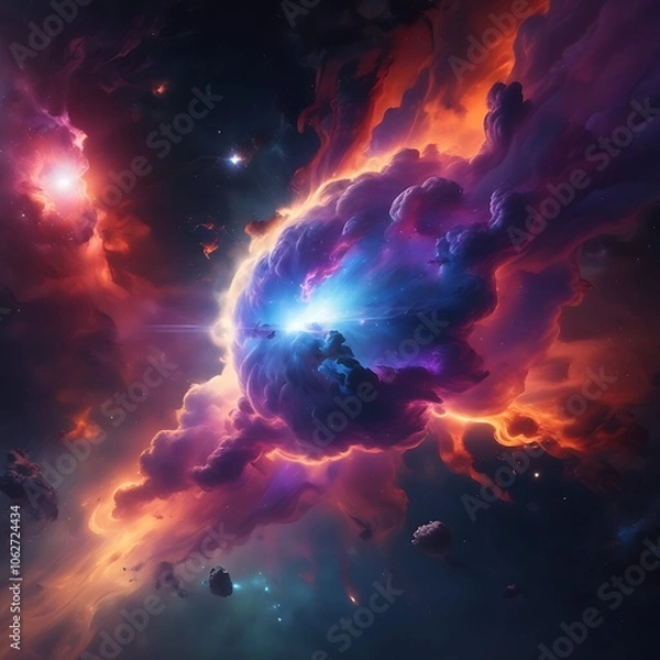Obraz  The image depicts a vivid sunset with radiant clouds and a bright orange and yellow hue.