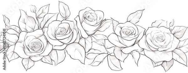 Fototapeta Rose flower arrangement line art on white background. Silhouette roses botanical hand drawn element for wedding, invitation frame design. Generative Ai