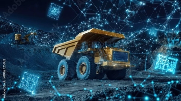 Fototapeta A yellow mining truck sits in a quarry at night with digital data and network connections around it.