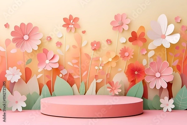 Fototapeta Round display podium mockup, paper cut spring flowers and leaves. Spring floral background, pedestal, stage for beauty and cosmetic product ads. Generative Ai