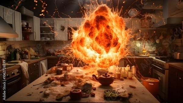 Fototapeta Dramatic Fireball Explosion in Kitchen with Floating Garlic Onions and Chili Peppers Creating a High Energy Wide Angle Culinary Scene