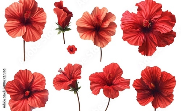 Fototapeta Set of red hibiscus flowers isolated on white background. Shallow depth. Soft toned. Floral summertime. Generative Ai