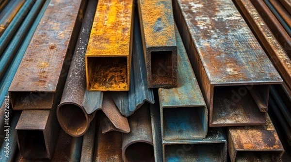 Fototapeta A close-up shot of a pile of rusted steel beams and pipes.