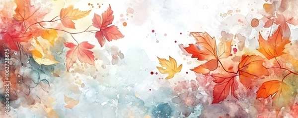 Fototapeta Watercolor abstract background autumn collection with maple and seasonal leaves. Hand-painted watercolor natural art, perfect for your designed header, banner, web, wall, cards, etc. Generative Ai
