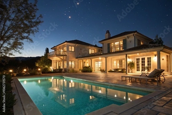 Fototapeta Luxury house with swimming pool illuminated at night