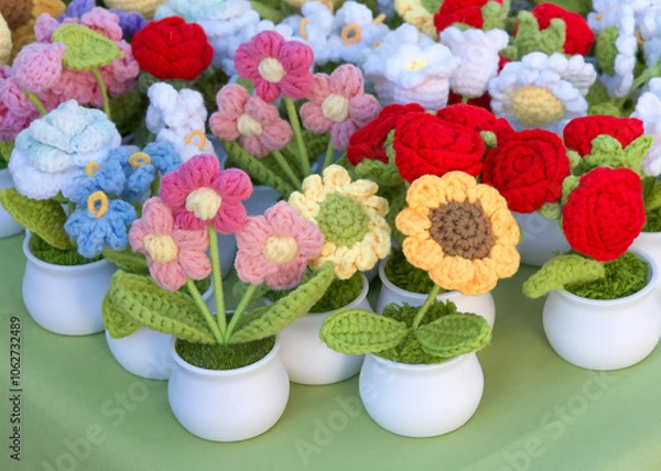 Fototapeta Close up on many beautiful crochet flowers in small white plastic pots on a green table. Hand crafted.