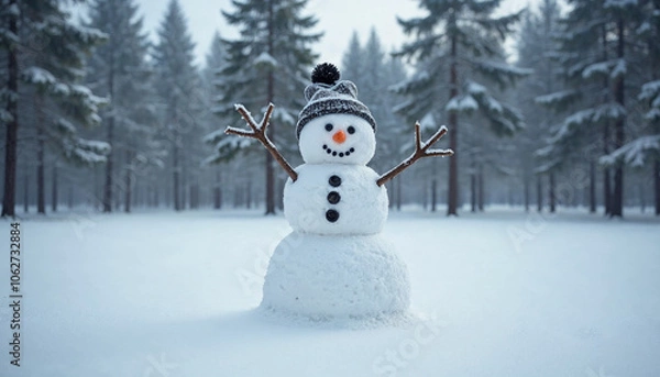 Fototapeta Happy snowman Makingsnowman in the forest from the first snow Snowy winter coniferous trees covered with snow
