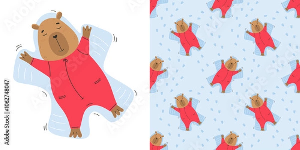 Fototapeta Seamless pattern with capybara making snow angels.