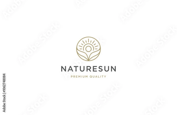 Fototapeta Nature leaf sun with line art style logo icon design template flat vector