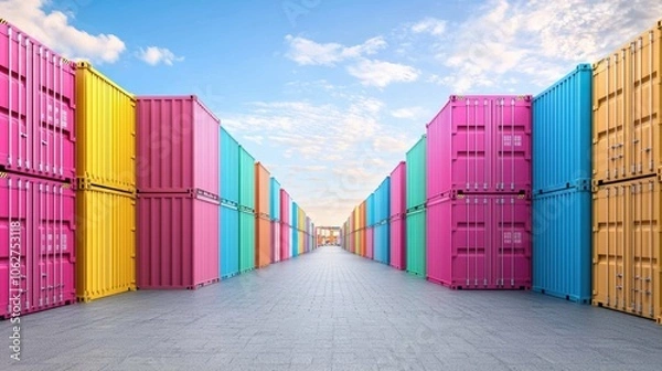 Fototapeta Stacked shipping containers in various colors and sizes at a bustling port, representing the movement of goods and raw materials across international borders.