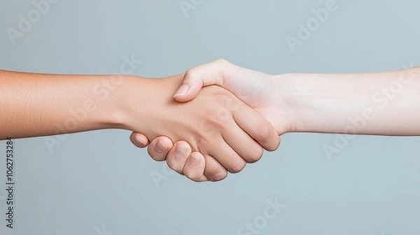 Fototapeta Two hands of different skin tones clasped together in a handshake, representing equality, respect, and collaboration across cultural differences.