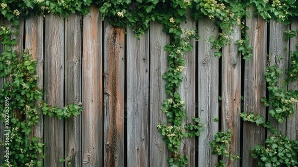 Fototapeta Weathered wooden fence panels with climbing green ivy vines creating natural garden barrier pattern