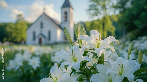 Obraz Beautiful white lilies in foreground with church in serene countryside