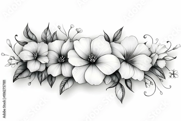 Fototapeta A delicate black-and-white floral tattoo design featuring three large flowers and intricate leaf patterns, perfect for a minimalist aesthetic.