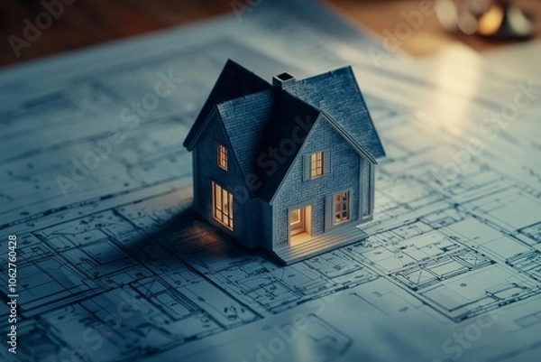 Fototapeta Close-up of a miniature house on top of blueprints, an architectural design concept. 