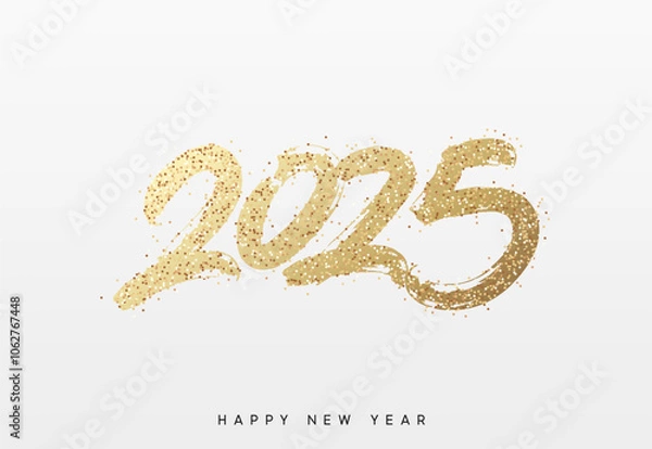 Fototapeta Happy New Year written number golden glitter 2025. Gold glittered 2025 text in a bold, hand painted style on a white background. Vector illustration