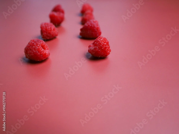 Obraz Two lines of fresh raspberry at the red background