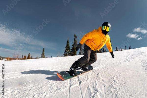 Obraz Active snowboarder rides at ski resort slope against blue sky and pine forest