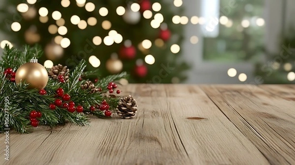 Fototapeta Festive Christmas Table Decor with Ornaments Pinecones and Bokeh Background Lights