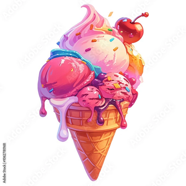 Fototapeta A colorful ice cream cone topped with multiple scoops of various flavors, featuring vibrant colors, sprinkles, and a cherry on top for desserts and treats. transparent background, png