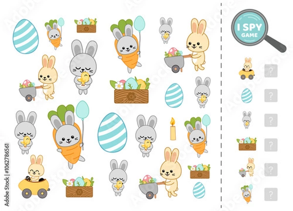Obraz I spy game for kids with Easter rabbits. Search and count how many. Math game. Vector.