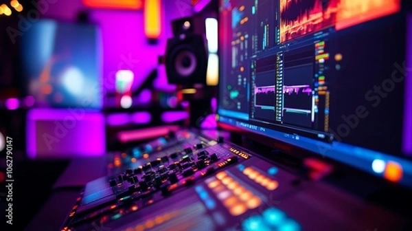 Fototapeta Video editing services on a creative studio background with vibrant lighting to evoke innovation and media expertise