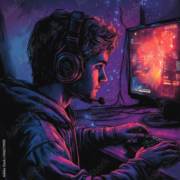 Fototapeta A man is playing a video game with a headset on. The image is in a dark, moody atmosphere with a neon cityscape in the background