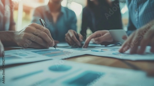 Fototapeta Business people discussing financial data graph chart report papers