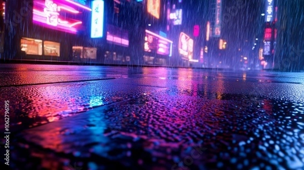 Fototapeta Tranquil Lofi Cityscape: Rainy Night 3D Render with Neon Lights, Moody Aesthetic, Peaceful Atmosphere, Ultra-Detailed Illustration