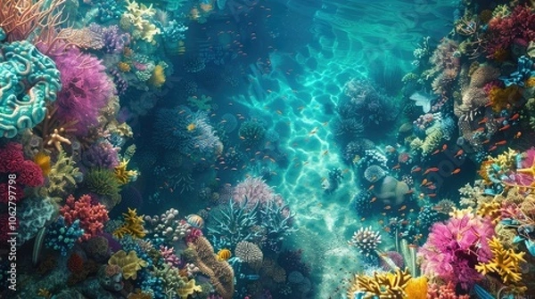 Fototapeta A top view of a vibrant coral reef with colorful marine life and crystal-clear water, providing a breathtaking underwater scene