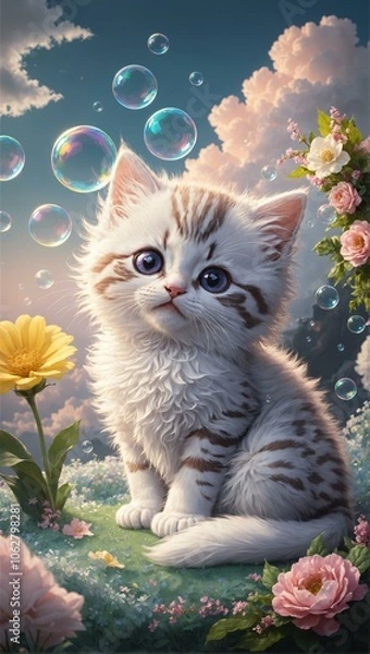 Fototapeta A captivating and whimsical illustration of a fluffy white kitten with mesmerizing purple eyes, sitting gracefully amidst a magical, dreamy landscape. 