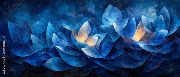 Fototapeta A serene composition of blue and gold lotus flowers against a dark background.