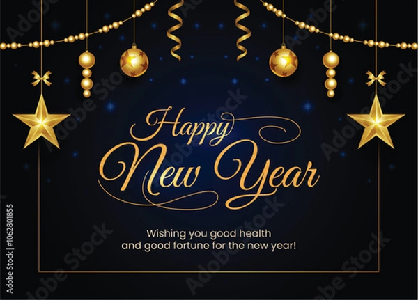 Fototapeta A poster with a christmas tree and a star with a gold star on it, Happy New Year elegant social media post design or banner template,