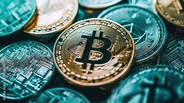 Fototapeta Cryptocurrency Coins Piled Together in Close-Up