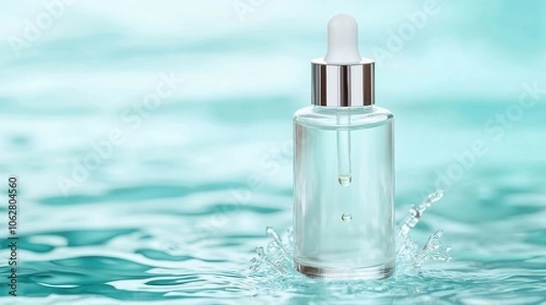 Fototapeta A clear glass dropper bottle stands in water, suggesting freshness and skincare, capturing the essence of beauty and hydration.