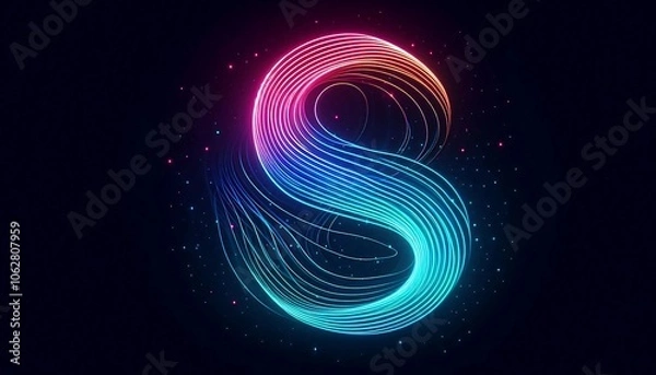 Fototapeta Abstract glowing neon "S" shape with vibrant gradient lines, flowing with blue, pink, and purple hues against a dark background. Ideal for tech, digital art, and modern design concepts.
