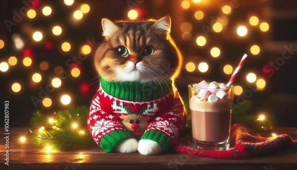 Fototapeta Adorable cat wearing a festive red and green Christmas sweater with a reindeer pattern, sitting by a glass of hot chocolate topped with marshmallows and a striped straw.