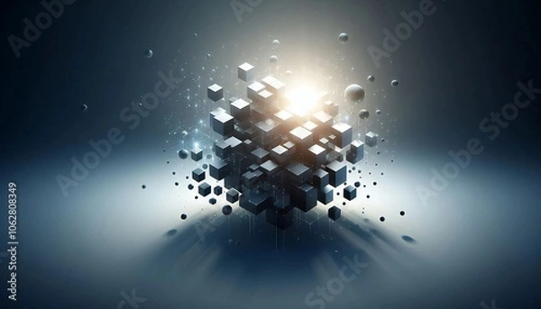 Fototapeta Abstract 3D futuristic composition featuring floating cubes and particles, illuminated by a soft, ethereal light. Perfect for technology, digital concepts, and modern art visuals.
