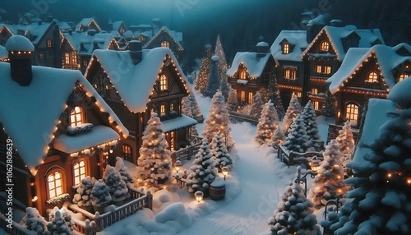 Fototapeta Cozy snow-covered village with warmly lit houses and decorated trees, creating a serene winter wonderland atmosphere. Perfect for holiday and Christmas-themed visuals.
