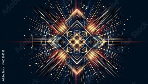 Fototapeta Futuristic abstract geometric design with radiant, golden rays and intricate patterns, creating a mesmerizing symmetry. Perfect for technology, sci-fi, or digital artwork themes.