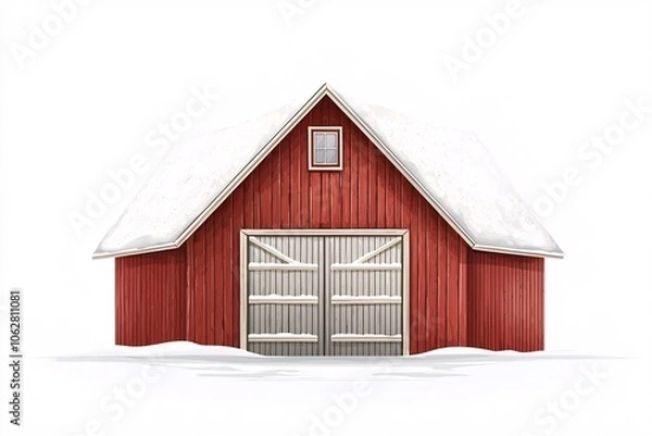 Fototapeta A front view illustration of a classic red barn with a white roof, set against a white background, ideal for a farm-themed design.