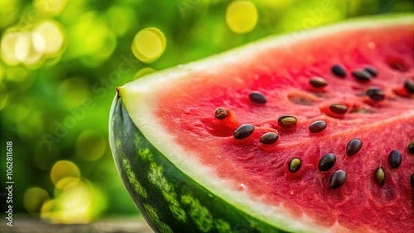 Fototapeta A vibrant, juicy watermelon slice bursts with color, its seeds scattered around.