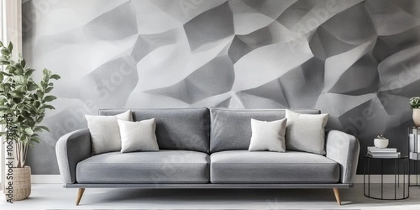 Obraz Gray sofa with white pillows in a living room with a textured wall.