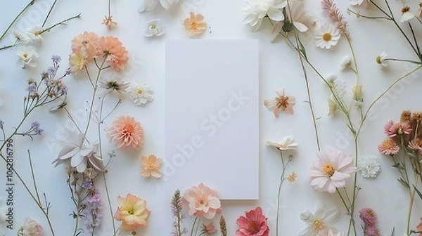 Fototapeta Vertical flat lay of a blank invitation card on a white background, decorated with blooming pastel-colored flowers arranged organically around the card. The floral accents add a gentle and fresh