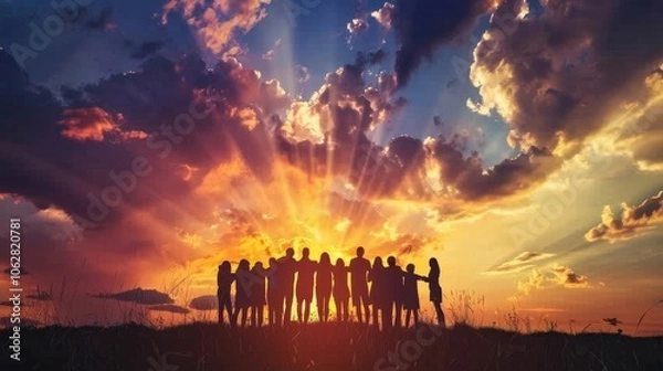Fototapeta Silhouette of people embracing under a sky of unity