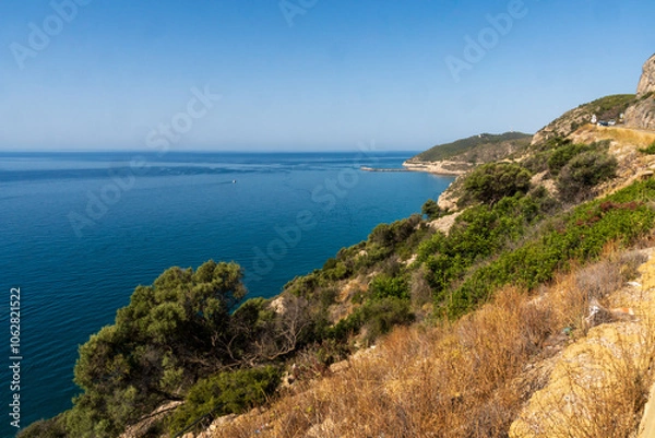 Obraz Parque del Garraf park featuring a cave-filled area of limestone hills covered in native vegetation Located by Barcelona, Spain, Catalonia