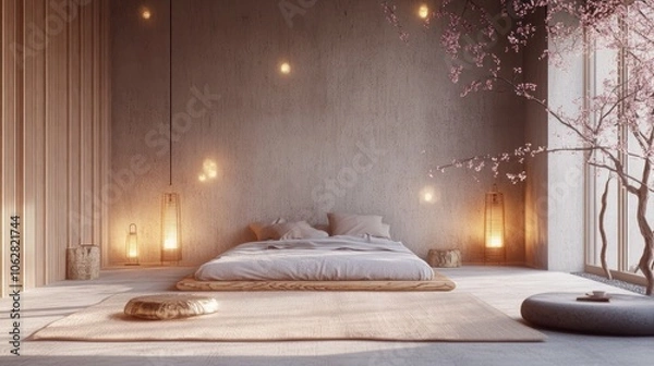 Fototapeta Minimalist bedroom with a wooden platform bed, a large window, and a cherry blossom tree.