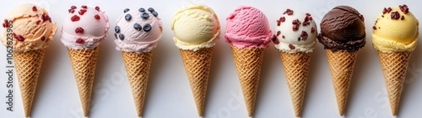 Obraz Ice Cream Delight Featuring Colorful Scoops in Waffle Cones, Flavors Include Strawberry, Vanilla, Chocolate, and Berry, Perfect for a Refreshing Summer Treat