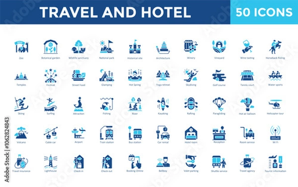 Fototapeta Travel and Hotel icon set with zoo, botanical garden, wildlife sanctuary, national park, historical site, architecture, winery, vineyard, wine tasting, horseback riding icon. Simple flat vector 
