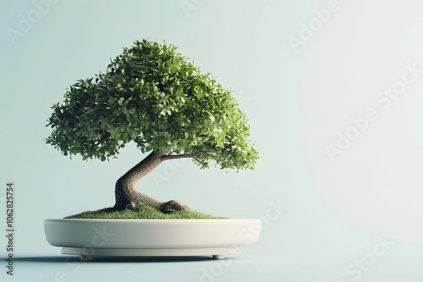 Fototapeta Japanese bonsai plant on light wooden table, space for text.
